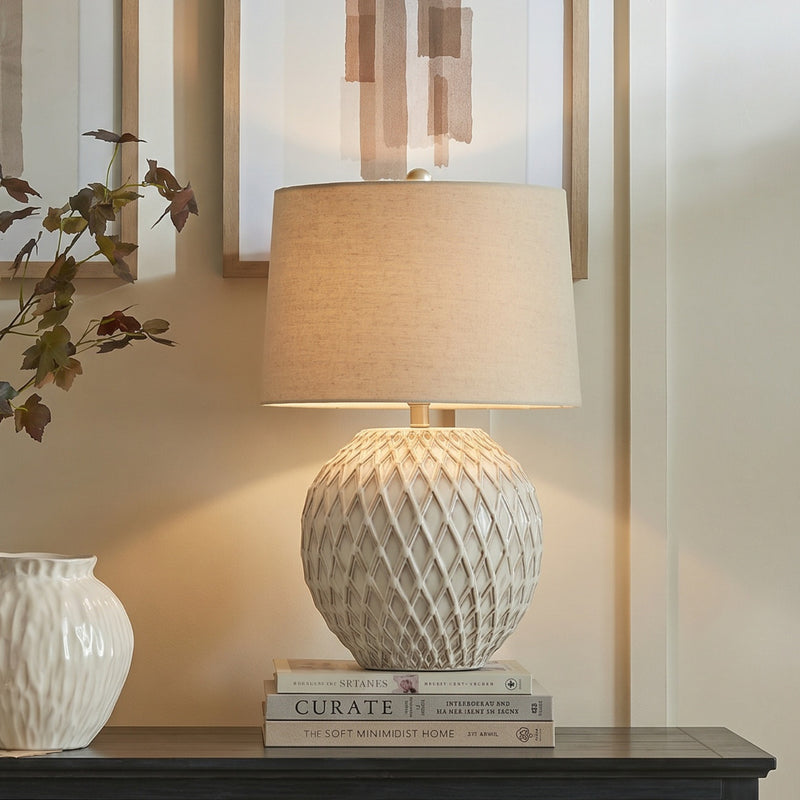 Lattice Ceramic Table Lamp With Linen Shade – image 1