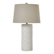 White Beaded Ceramic Lamp With Linen Shade – image 1