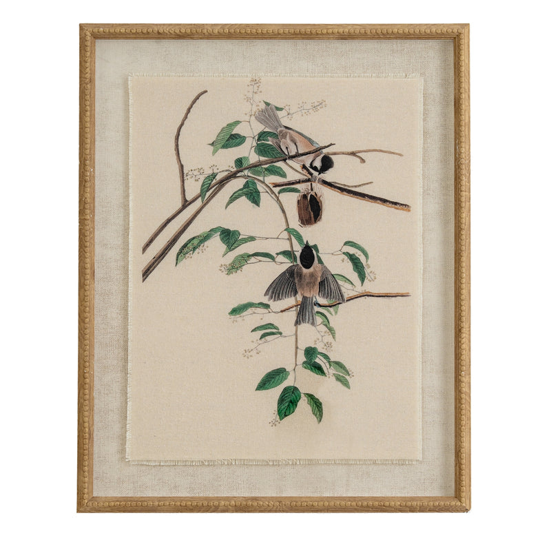 Flora & Fauna Collection Chickadees On Linen In Beaded Frame – image 1