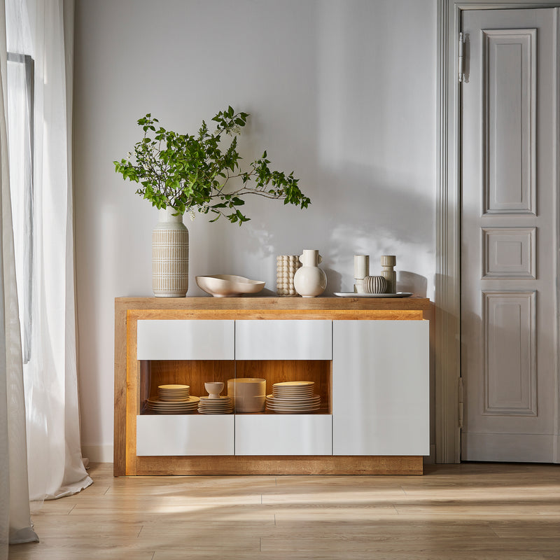 Lyon 3 Door Glazed Sideboard in Riviera Oak/White High Gloss – image 8