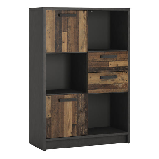 Brooklyn Low Bookcase with 2 Doors and 2 Drawers in Walnut and Dark Matera Grey – image 1