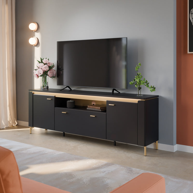 Genoa TV Cabinet 2 Door 1 Drawer 200cm Wide in Black Matt/Gold – image 3