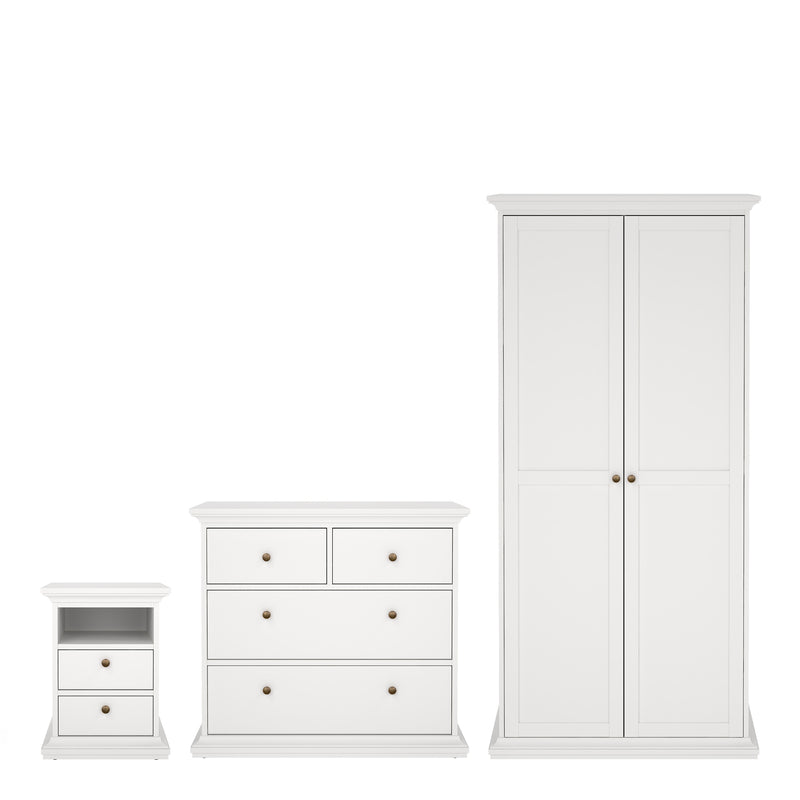 Paris Package - Bedside 2 Drawers + Chest of 4 Drawers + Wardrobe with 2 Doors – White – image 1