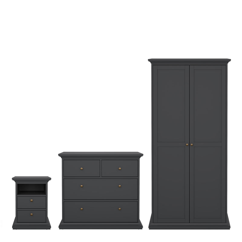 Paris Package - Bedside 2 Drawers + Chest of 4 Drawers + Wardrobe with 2 Doors – Matt Grey – image 1