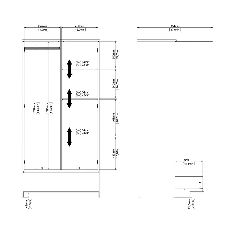 Naia Wardrobe with 2 Doors 1 Drawer in White High Gloss – image 10