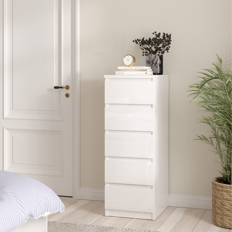 Naia Narrow Chest of 5 Drawers – White Gloss – image 5