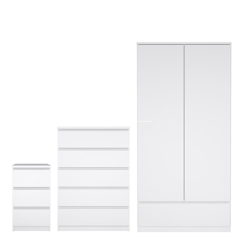Naia Package - Bedside 3 Drawers + Chest of 5 Drawers + Wardrobe with 2 Doors + 1 Drawer in White High Gloss – image 1