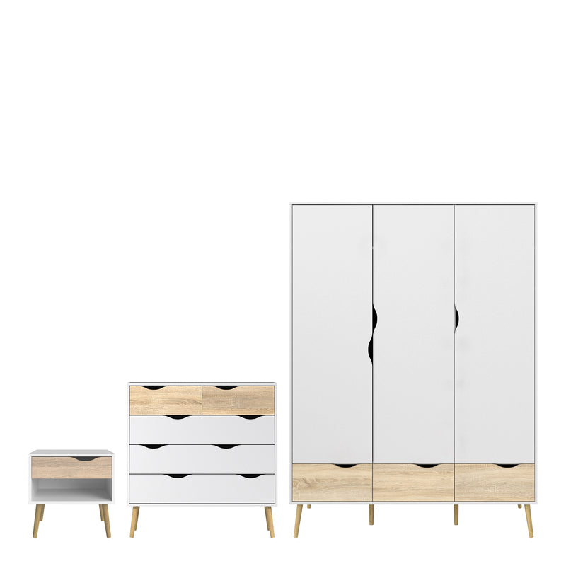 Oslo Package - Bedside 1 Drawer + Chest of 5 Drawers (2+3) + Wardrobe 3 Doors 3 Drawers in White and Oak – image 1