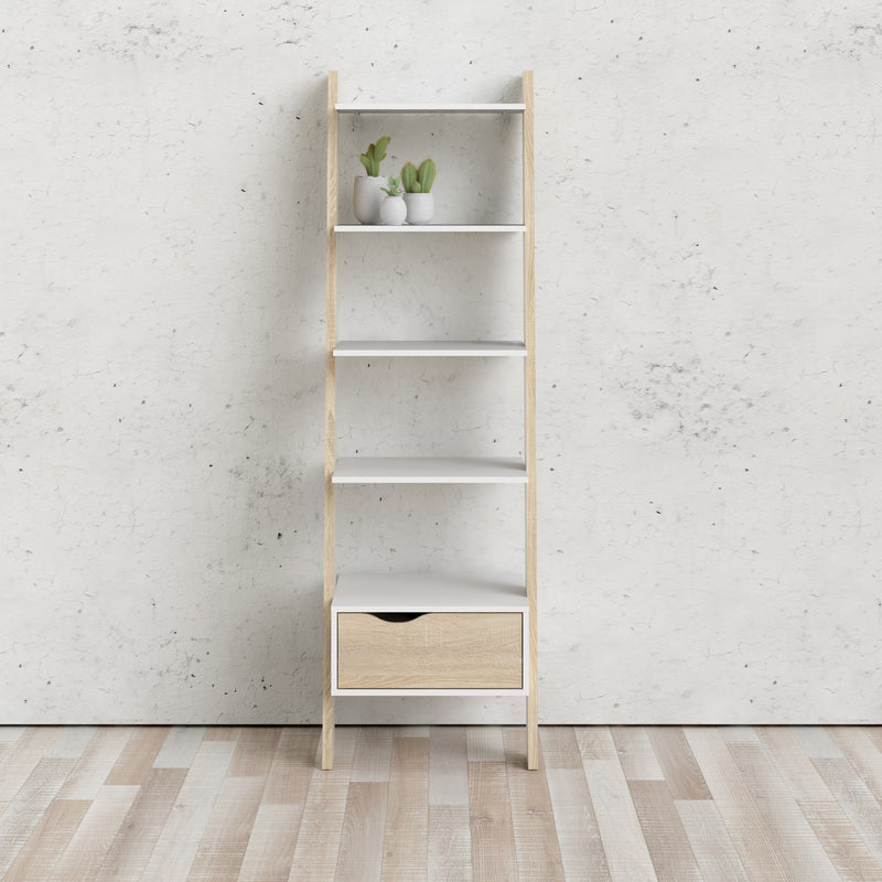 Oslo Leaning Bookcase 1 Drawer in White and Oak – image 5