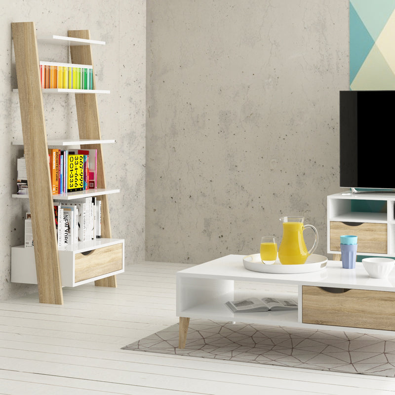 Oslo Leaning Bookcase 1 Drawer in White and Oak – image 6