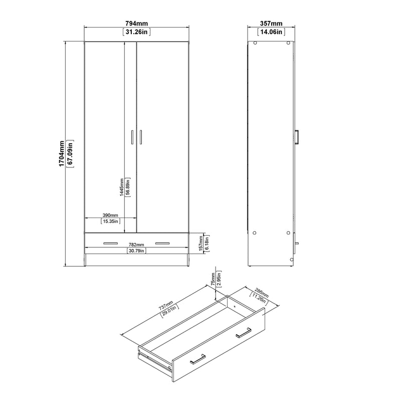 Space Wardrobe with 2 Doors , including 1 Drawer 1750 – White – image 11
