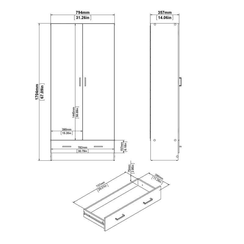 Space Wardrobe with 2 Doors , including 1 Drawer 1750 – Oak – image 11