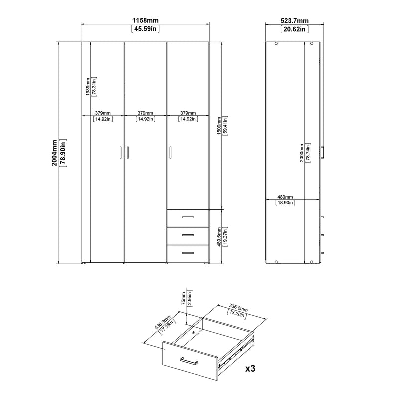 Space Wardrobe 3 Doors 3 Drawers 2000 – White – image 10