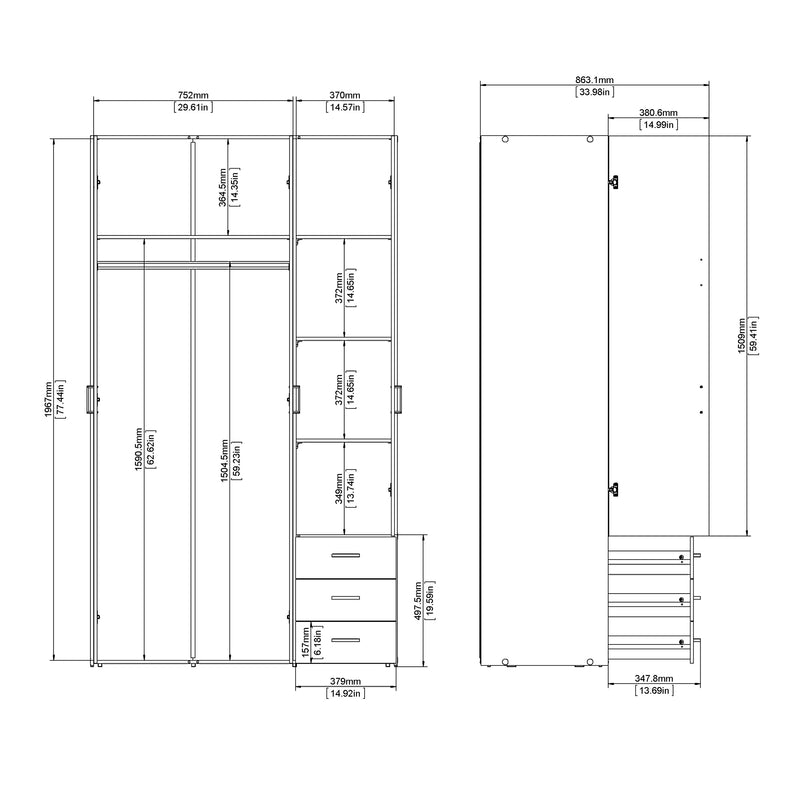 Space Wardrobe 3 Doors 3 Drawers 2000 – White – image 11