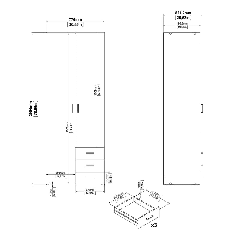 Space Wardrobe 2 Doors 3 Drawers 2000 – White – image 10