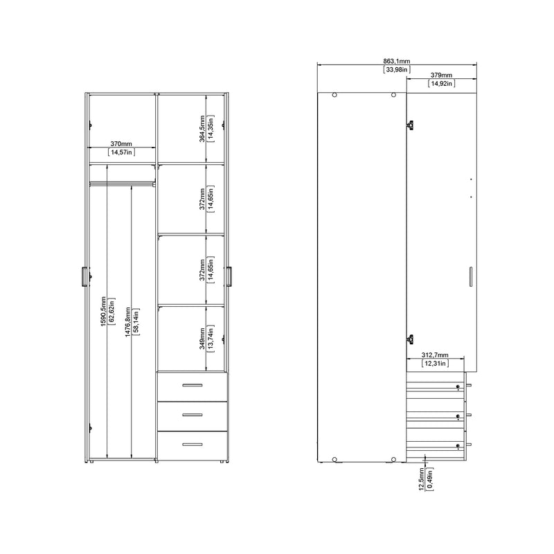 Space Wardrobe 2 Doors 3 Drawers 2000 – White – image 11