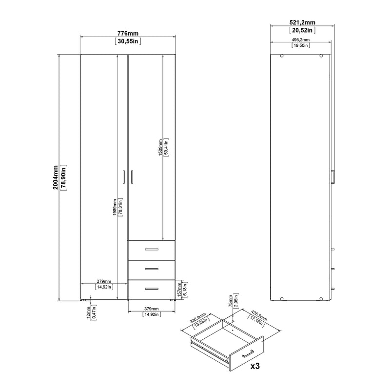 Space Wardrobe 2 Doors 3 Drawers 2000 – Oak – image 13
