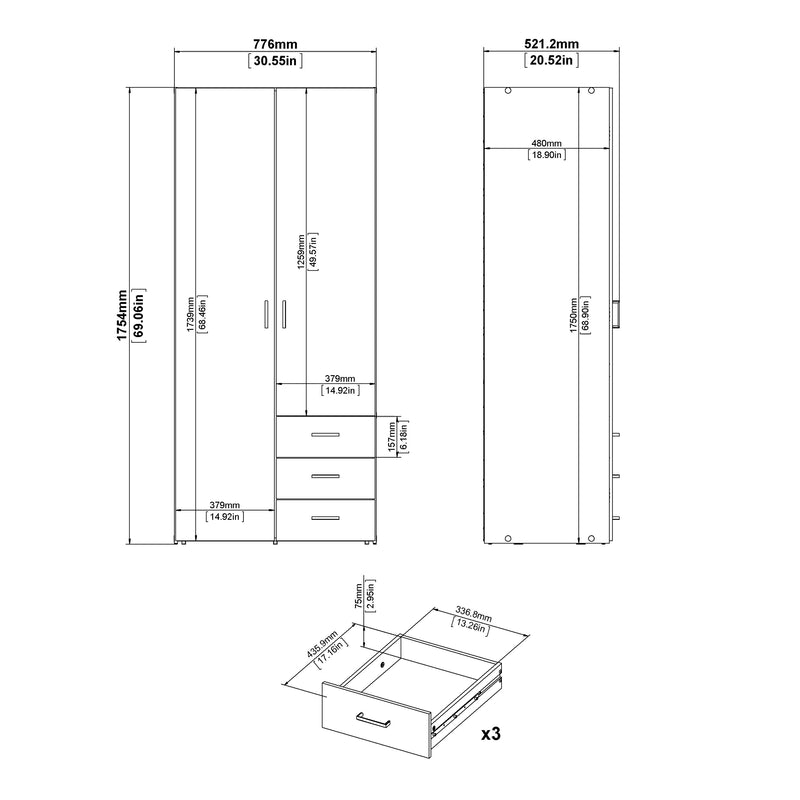 Space Wardrobe 2 Doors 3 Drawers White 1750 – image 11