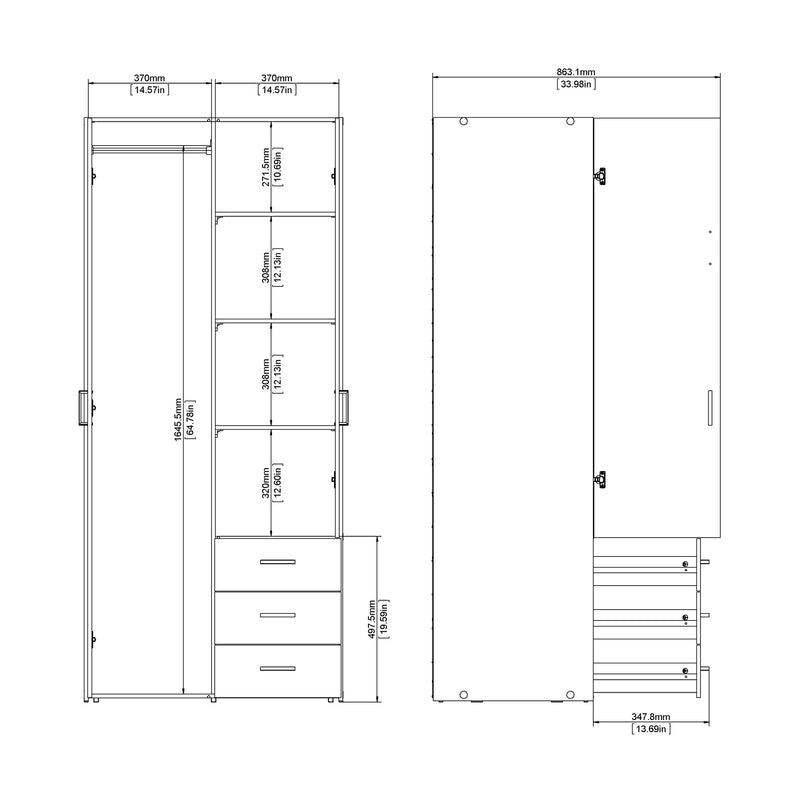 Space Wardrobe 2 Doors 3 Drawers White 1750 – image 12