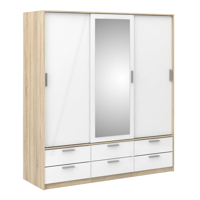 Line Wardrobe 3 Doors 6 Drawers in Oak with White High Gloss – image 1