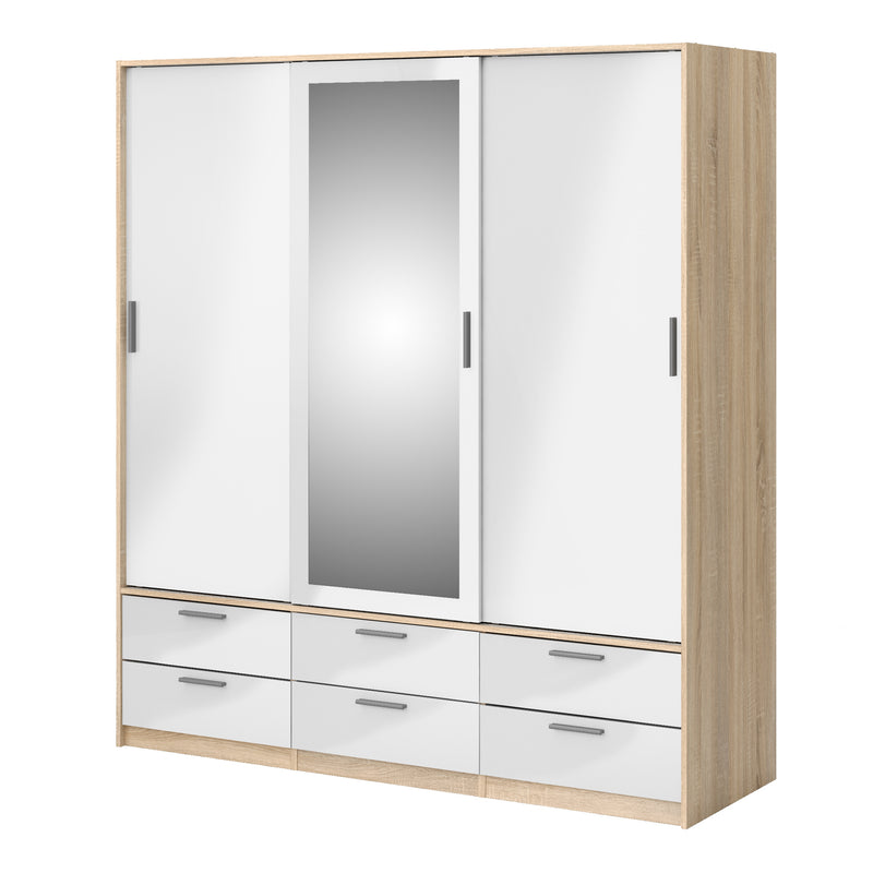 Line Wardrobe 3 Doors 6 Drawers in Oak with White High Gloss – image 3