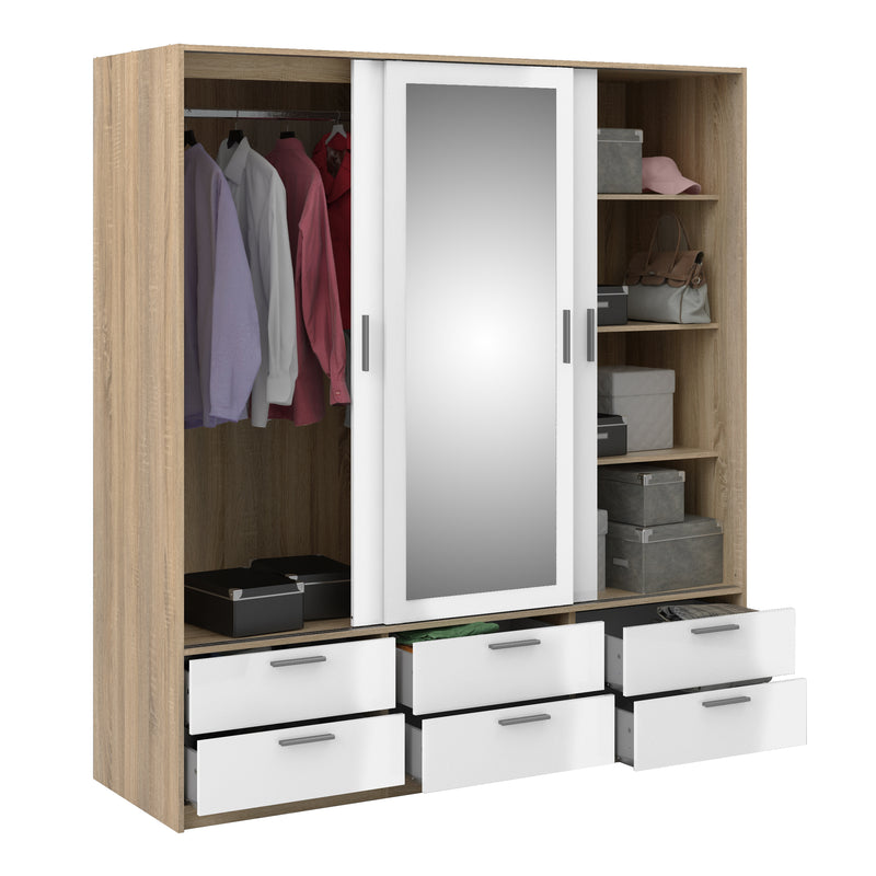 Line Wardrobe 3 Doors 6 Drawers in Oak with White High Gloss – image 5