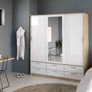 Line Wardrobe 3 Doors 6 Drawers in Oak with White High Gloss – image 7