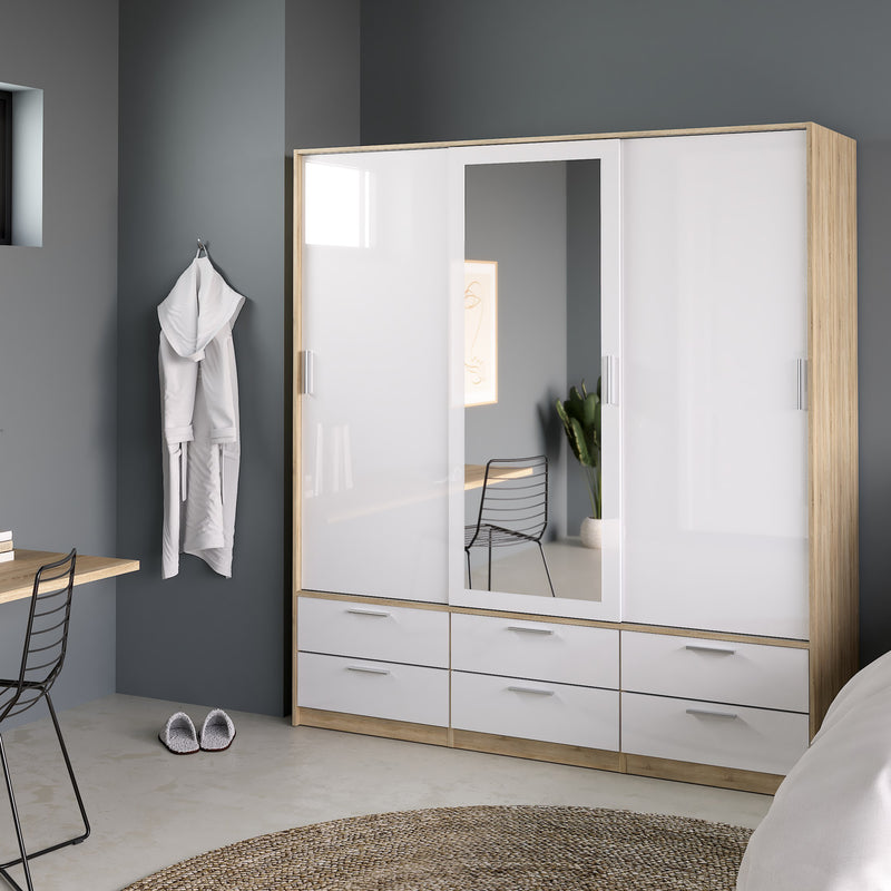 Line Wardrobe 3 Doors 6 Drawers in Oak with White High Gloss – image 7