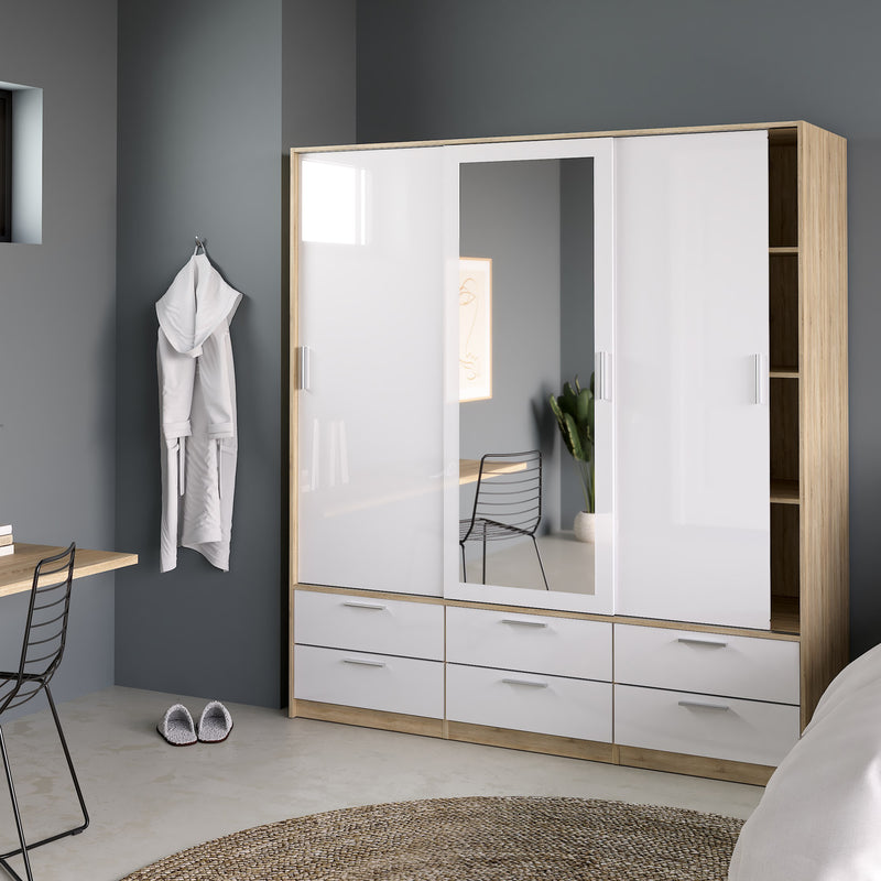 Line Wardrobe 3 Doors 6 Drawers in Oak with White High Gloss – image 8