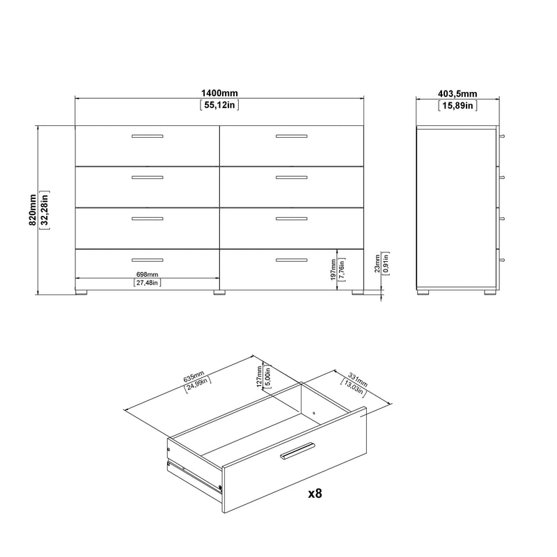 Pepe Wide Chest of 8 Drawers (4+4) in Oak structure/White High Gloss – image 8
