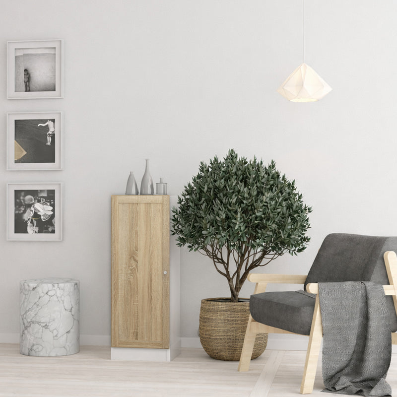 Basic Low Narrow Storage Cabinet in White (2 Shelves) with Oak Door – image 3