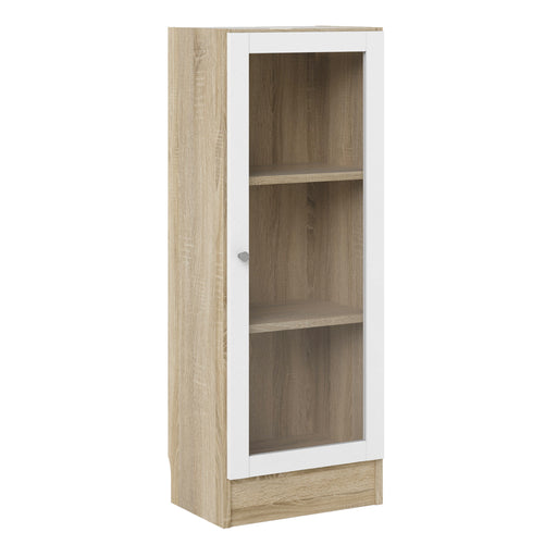 Basic Low Narrow Display Cabinet In Oak (2 Shelves) with Glass White Door – image 1