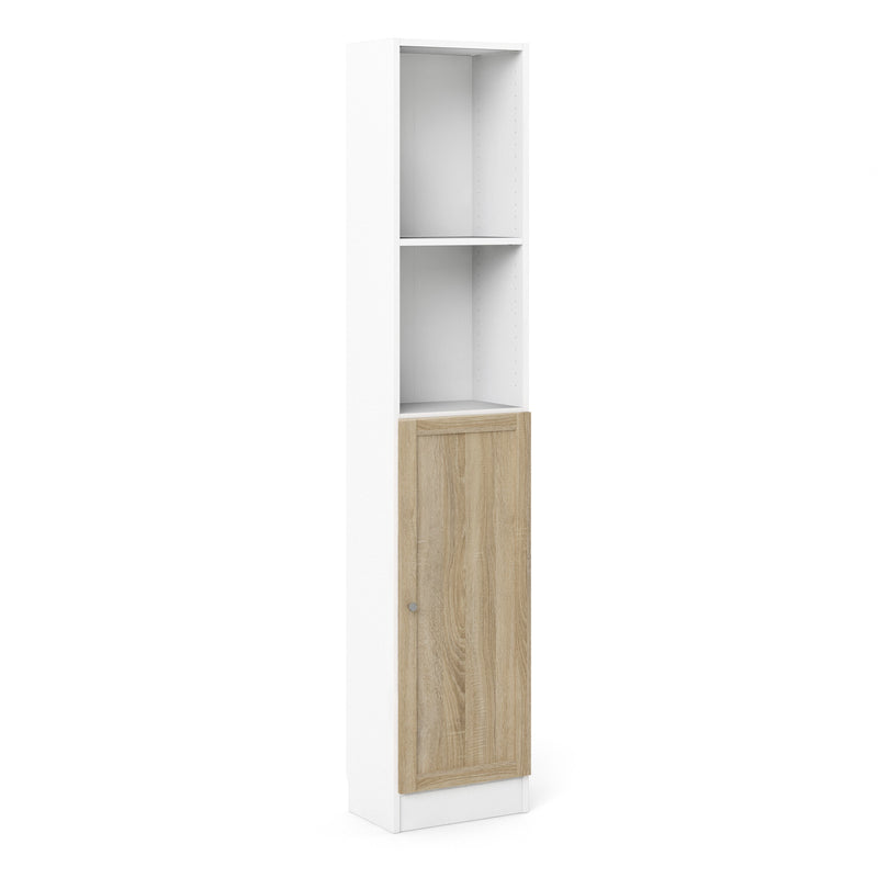 Basic Tall Narrow Combination Storage Bookcase in White (4 Shelves) with Glass Oak Door – image 1