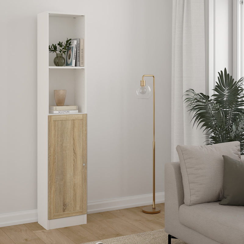 Basic Tall Narrow Combination Storage Bookcase in White (4 Shelves) with Glass Oak Door – image 3
