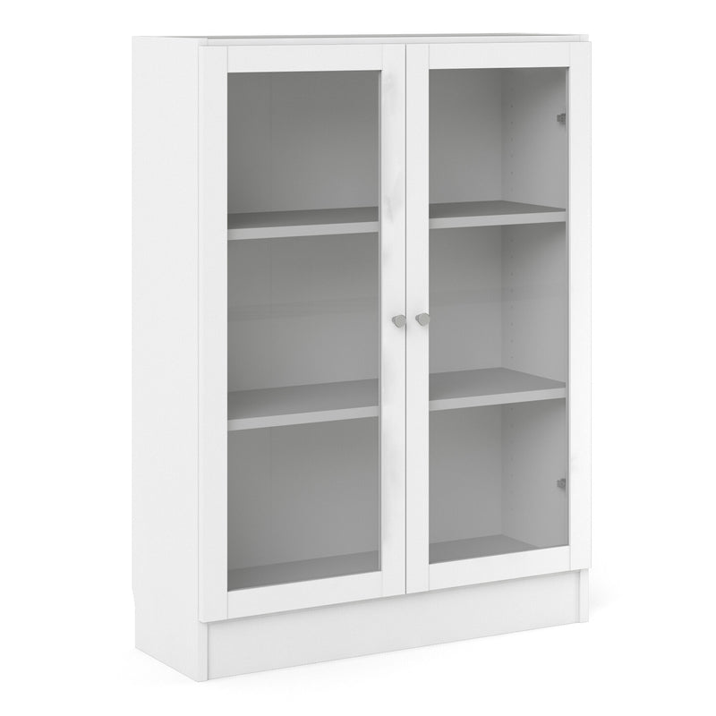 Basic Low Wide Display Cabinet in Oak (2 Shelves) with 2 Glass Doors – White – image 1