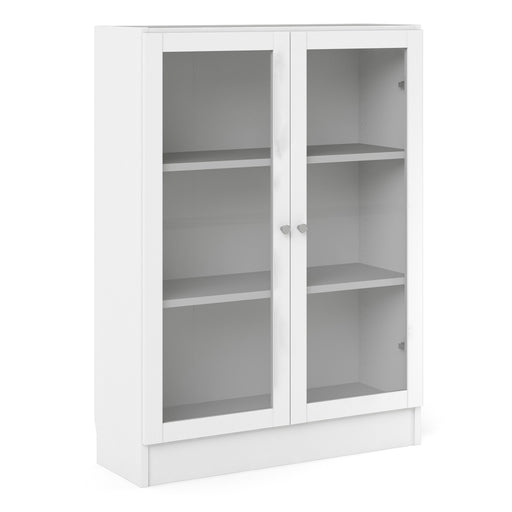 Basic Low Wide Display Cabinet in Oak (2 Shelves) with 2 Glass Doors – White – image 1