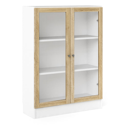 Basic Low Wide Display Cabinet in White (2 Shelves) with 2 Glass Doors in Oak – image 1