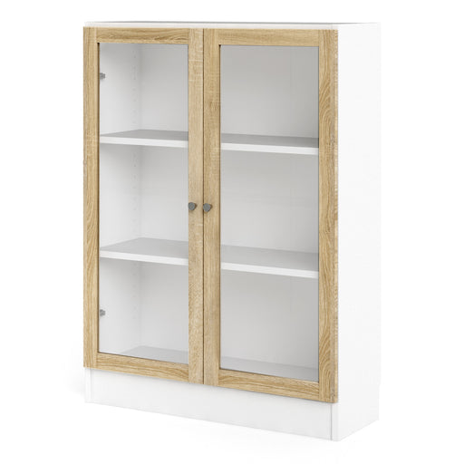Basic Low Wide Display Cabinet in White (2 Shelves) with 2 Glass Doors in Oak – image 2