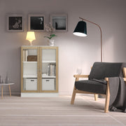 Basic Low Wide Display Cabinet in White (2 Shelves) with 2 Glass Doors in Oak – image 3