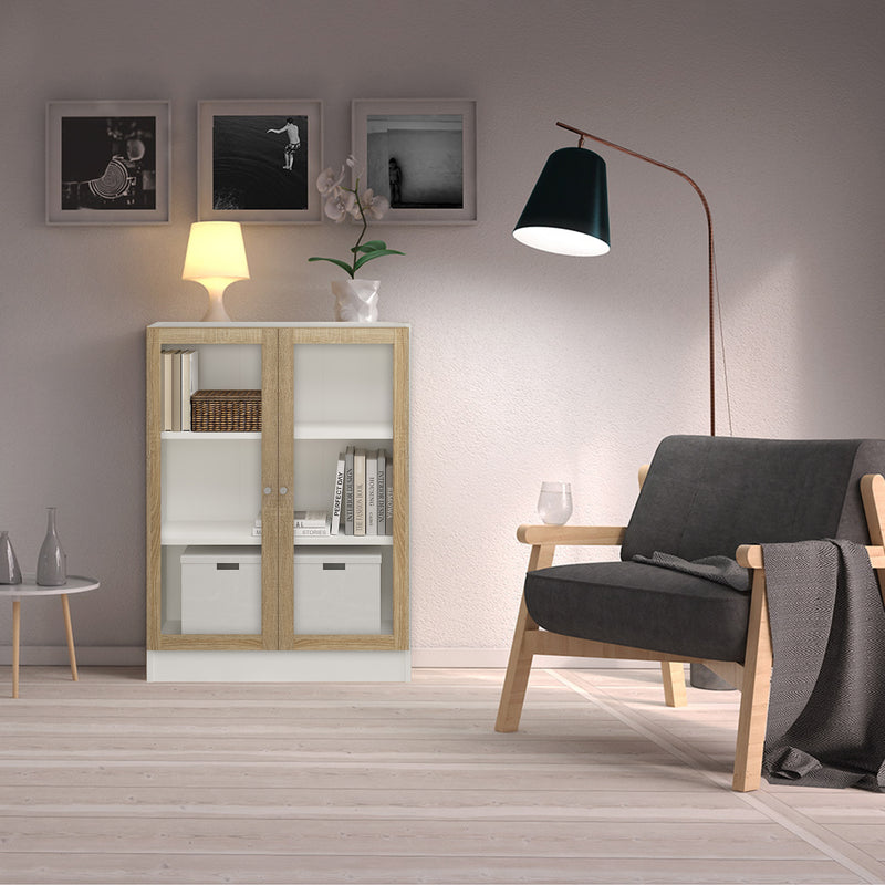 Basic Low Wide Display Cabinet in White (2 Shelves) with 2 Glass Doors in Oak – image 3