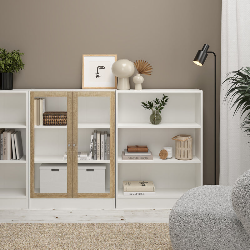 Basic Low Wide Display Cabinet in White (2 Shelves) with 2 Glass Doors in Oak – image 4