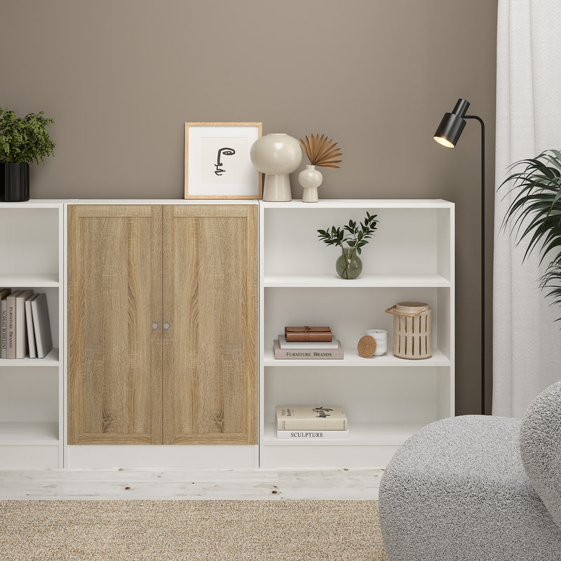 Basic Low Wide Storage Cabinet in White (2 Shelves) with 2 Oak Doors – image 4