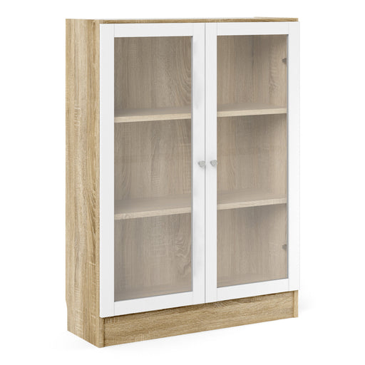 Basic Low Wide Display Cabinet in Oak (2 Shelves) with 2 Glass Doors in White – image 1