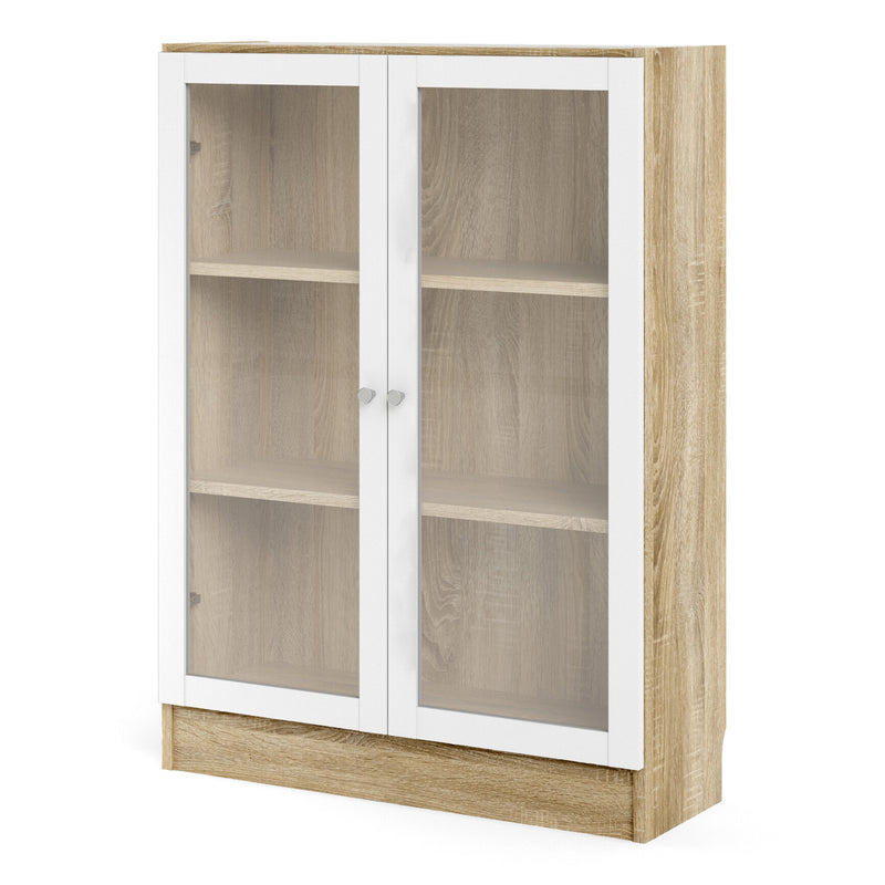 Basic Low Wide Display Cabinet in Oak (2 Shelves) with 2 Glass Doors in White – image 2