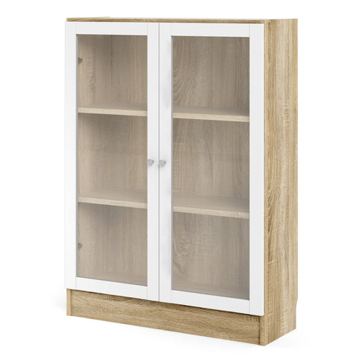 Basic Low Wide Display Cabinet in Oak (2 Shelves) with 2 Glass Doors in White – image 2