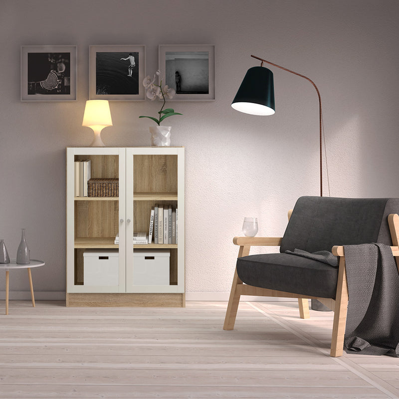 Basic Low Wide Display Cabinet in Oak (2 Shelves) with 2 Glass Doors in White – image 3