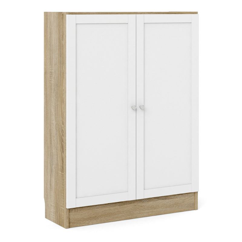 Basic Low Wide Storage Cabinet in Oak (2 Shelves) with 2 White Doors – image 1