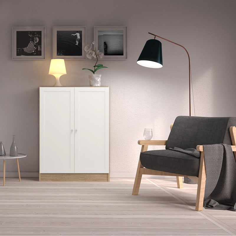 Basic Low Wide Storage Cabinet in Oak (2 Shelves) with 2 White Doors – image 3