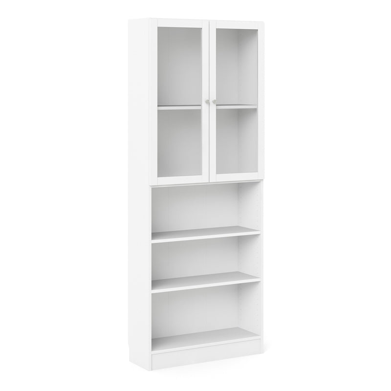 Basic Tall Wide Display Cabinet in Oak (4 Shelves) with 2 Glass Oak Doors – White – image 1