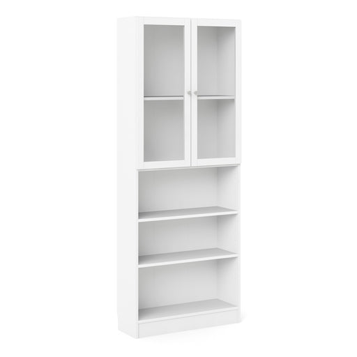 Basic Tall Wide Display Cabinet in Oak (4 Shelves) with 2 Glass Oak Doors – White – image 1